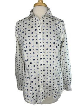 TALBOTS Ivory Blue Modern Dot Non-Iron Button Up Shirt Size 8 Cotton Spandex